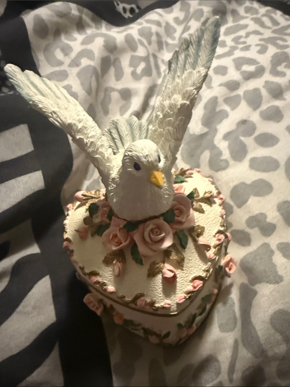Vintage White Dove Decorative Musical Trinket Box with Pink Rose Accents